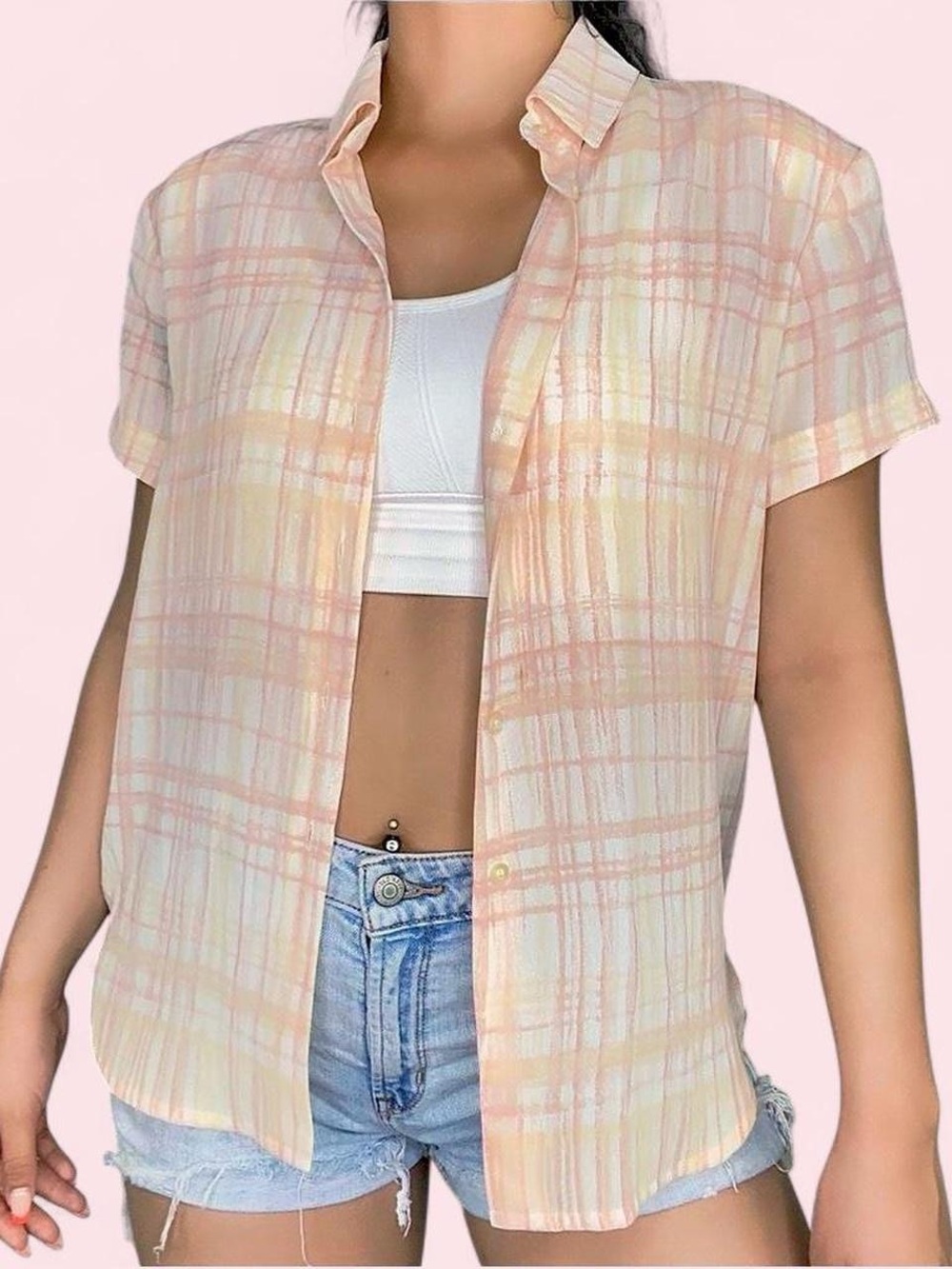 Rena Rowan Pastel Peach Plaid Short Sleeve Button-Down